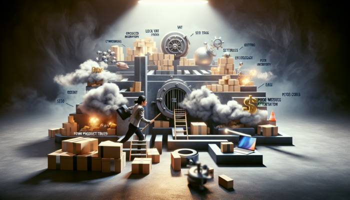 Determined small business owner in Radstock navigates e-commerce maze, avoiding VAT issues, cyber threats, inventory overload, SEO pitfalls, and blurry product photos.