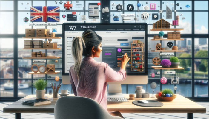 WooCommerce Store Setup in Glastonbury for Small Business: Illustration of a UK business owner in a modern London office setting up WooCommerce, with screens showing inventory, payments, plugins, and British flags.