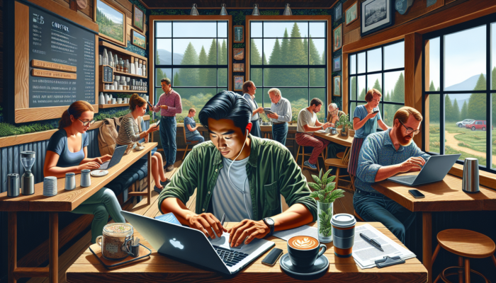 Blog Writing for Cinderford Small Businesses: In a cozy Cinderford coffee shop, a business owner types a blog on a laptop while locals read phones amid rustic decor and forest views.