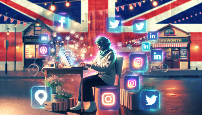 Social Media Marketing in Tidworth for Small Business: UK business owner in Tidworth surrounded by glowing social media icons, analyzing data on a laptop with Union Jack and market backdrop.
