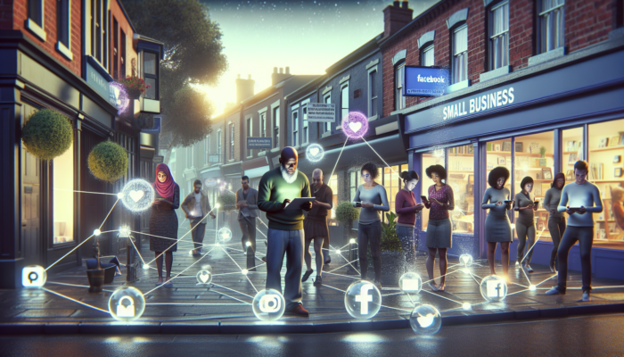 Digital Advertising in Portishead for Small Business: Small business owner in Portishead manages social media campaigns on a tablet, surrounded by community members engaging with Facebook and Instagram ads and analytics.