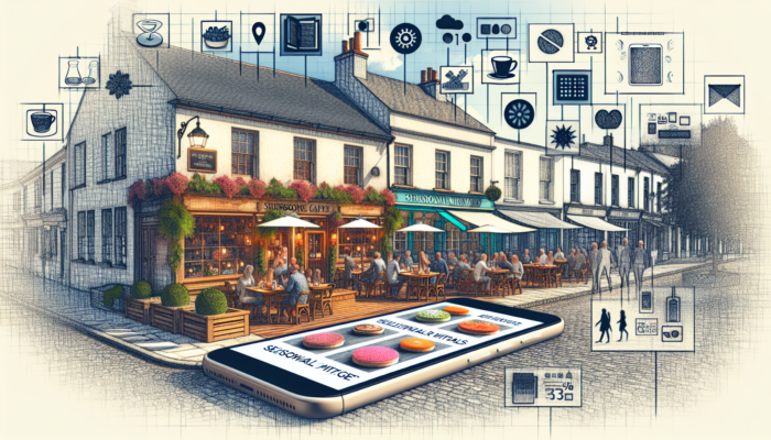 Instagram Marketing in Sherborne for Small Business: A bustling café in Sherborne, UK, with a quaint storefront showcasing Instagram photos of seasonal menu items on smartphones, drawing a vibrant crowd.