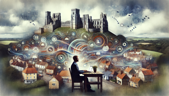 E-commerce SEO in Corfe Castle for Small Business: Small business owner in Corfe Castle analyzes local SEO keywords on a laptop, surrounded by medieval ruins and search graphs under a cloudy sky.