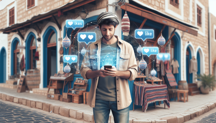 Online Marketing in Sidmouth for Small Business: A small business owner in Sidmouth, UK, uses a smartphone outside their shop to post artisanal products on Instagram and Facebook, showing likes and comments.