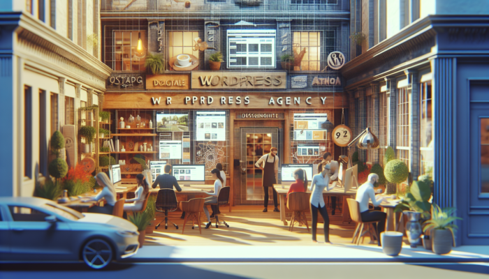 WordPress Website Design Agency in Devizes: Modern WordPress agency office in Devizes, UK: designers collaborating on a custom café website with responsive layouts and vibrant menus.