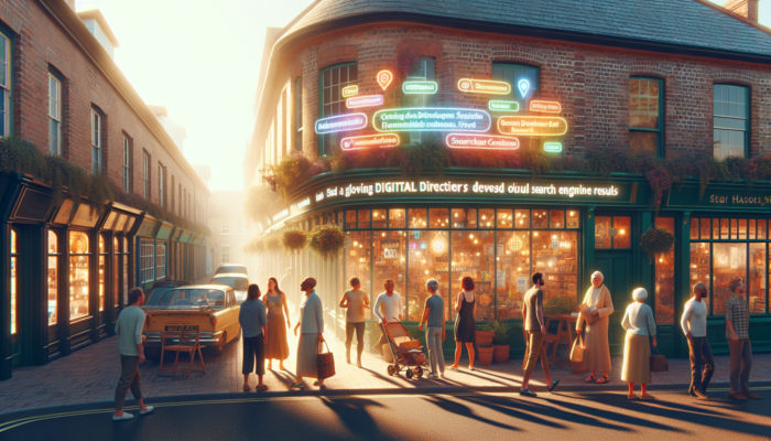 Local SEO in Wareham for Small Business: Vibrant street scene in Wareham, UK: bustling local shop with glowing digital directories, Google results, and happy customers engaging in sunlight.