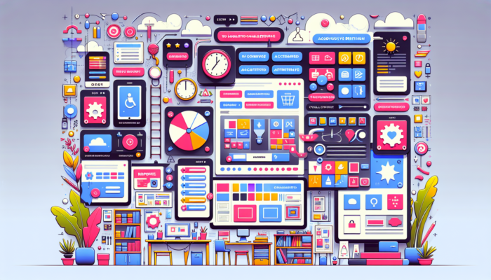 Web Development in Crewkerne for Small Business: Vibrant UK business website with responsive layouts, user navigation, optimized images, accessibility icons, and call-to-action buttons in a cozy shop.