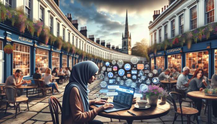 Digital Advertising in Corsham for Small Business: Small business owner in Corsham, UK, at a historic cafe, optimizing ads on a laptop amid social media icons and Georgian buildings.