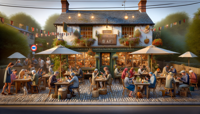 Online Marketing in Sturminster Newton for Small Business: A charming café in Sturminster Newton, England, with owner sharing a vibrant seasonal menu on Instagram, drawing engaged customers.