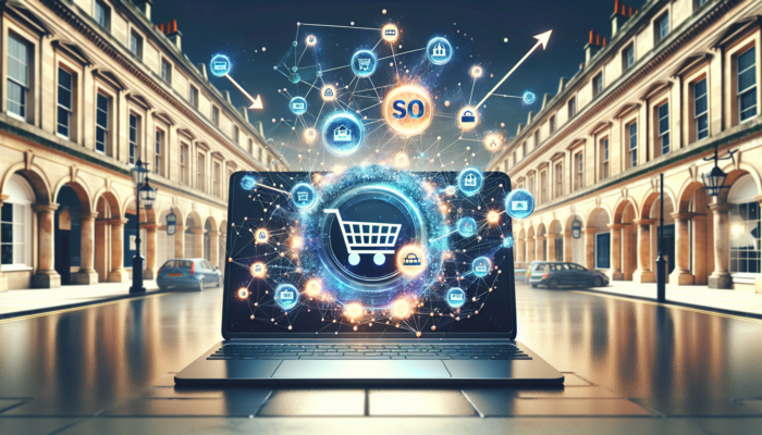 E-commerce SEO in Cheltenham for Small Businesses: A laptop screen displaying keyword graphs and shopping carts against Regency architecture, symbolizing rising traffic for Cheltenham e-commerce SEO.