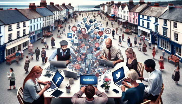 Social Media Management Services in Bideford: A vibrant team in Bideford customizes social media strategies on laptops with Facebook and Twitter icons, surrounded by locals in a coastal town square.