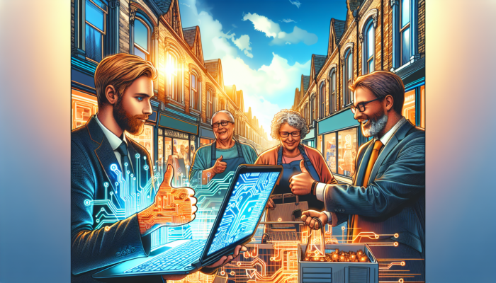 Bideford street scene: shop owners analyzing social media on a laptop, leading staff training, and collecting community feedback under sunny skies.