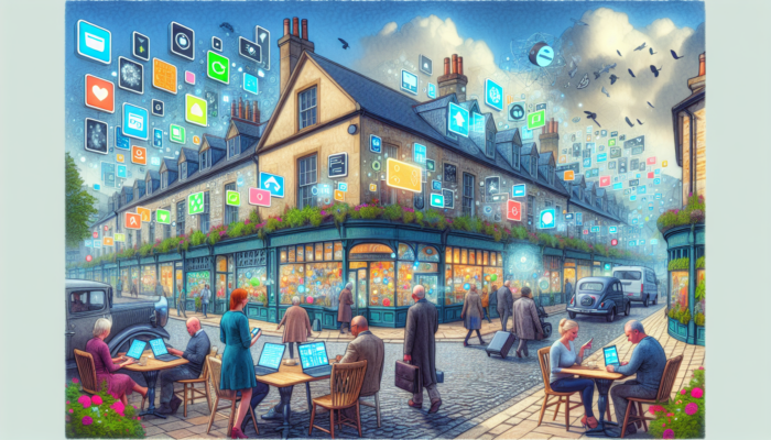 Website Redesign In Shepton Mallet For Small Businesses: Illustration of Shepton Mallet's high street with small businesses displaying modern, responsive websites on laptops, tablets, and smartphones, featuring diverse users engaging digitally.
