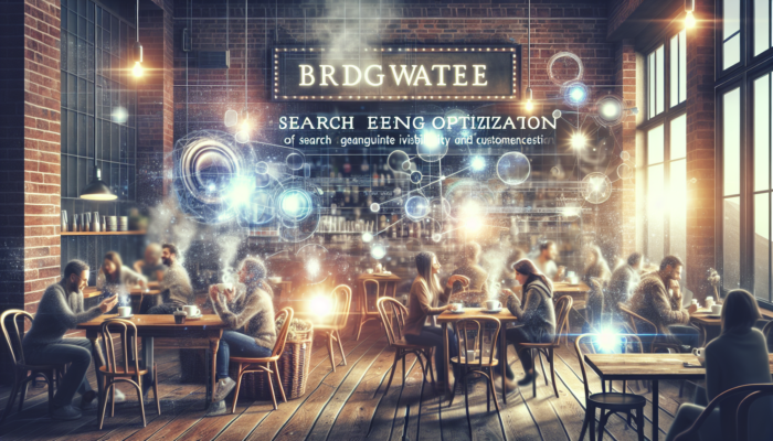 On-Page SEO in Bridgwater for Small Business: Cozy Bridgwater café with steaming coffee, chatting patrons, and glowing keywords like "best coffee Bridgwater" on a web interface, symbolizing on-page SEO.
