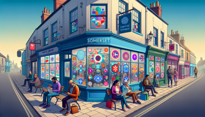 Social Media Strategy In Frome For Small Business: A bustling high street in Frome with shops displaying colorful promotions, a business owner posting on Facebook, and residents checking phones for community updates.