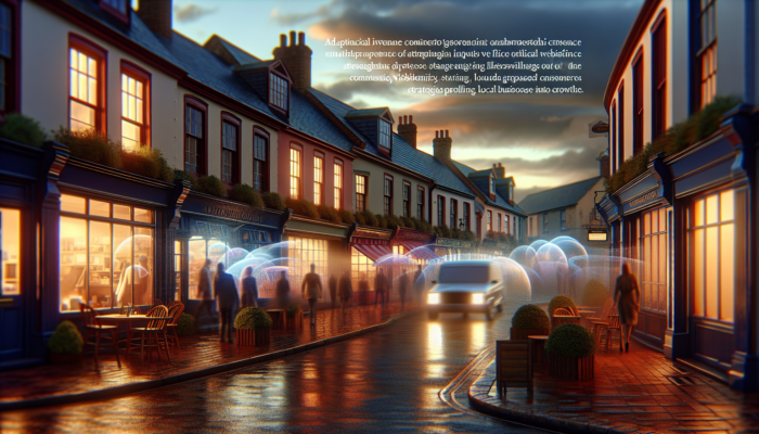 Web Development in Sherborne for Small Business: A vibrant street scene in historic Sherborne, UK, showing small businesses with digital screens of modern websites, symbolizing local economic growth.