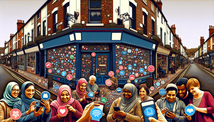 Online Marketing in Blandford Forum for Small Business: Bustling street in Blandford Forum: business owners using smartphones and laptops near shops with social media icons, symbolizing digital growth.