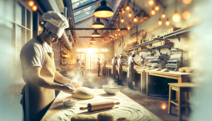 Video Content Production in Keynsham for Small Business: Keynsham bakery scene: bakers kneading dough under warm lights, flour dust floating, customers watching on screens for video marketing.