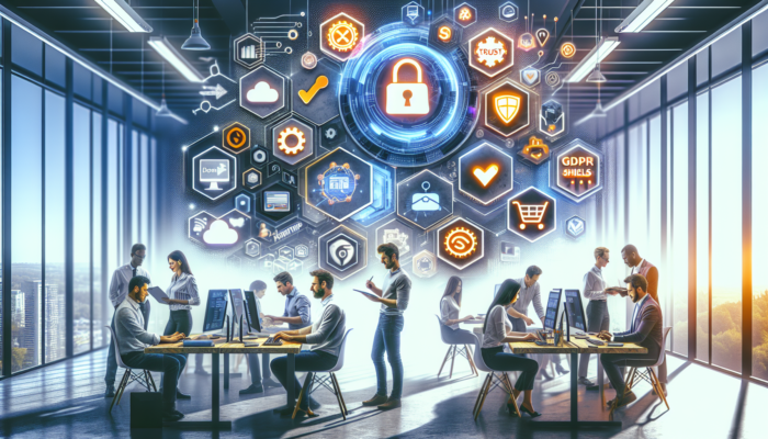 E-commerce Development in Ferndown for Small Business: Developers in a modern Ferndown office coding a secure e-commerce platform with intuitive interfaces, shopping carts, payment gateways, and GDPR shields for trusted shopping.