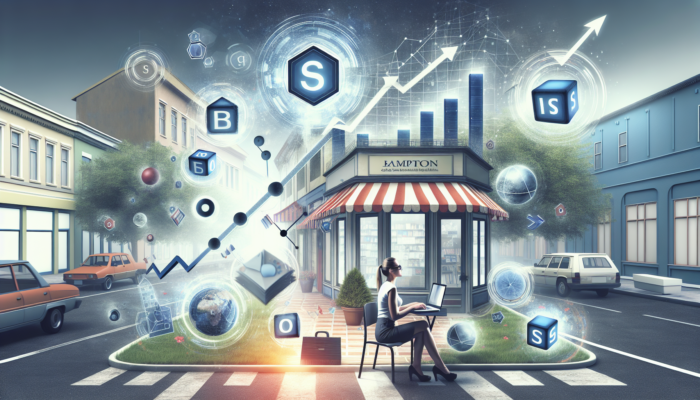 Small Business SEO in Bampton: A small business owner in a vibrant Bampton street scene optimizes their website with floating SEO keywords and rising graphs.