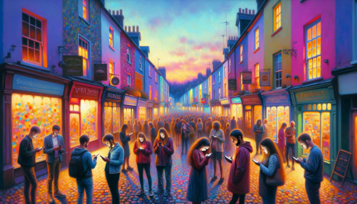 Digital Advertising in Honiton for Small Business: Dusk scene in Honiton: vibrant shops, locals on smartphones scrolling Facebook and Instagram, drawing crowds for community events.