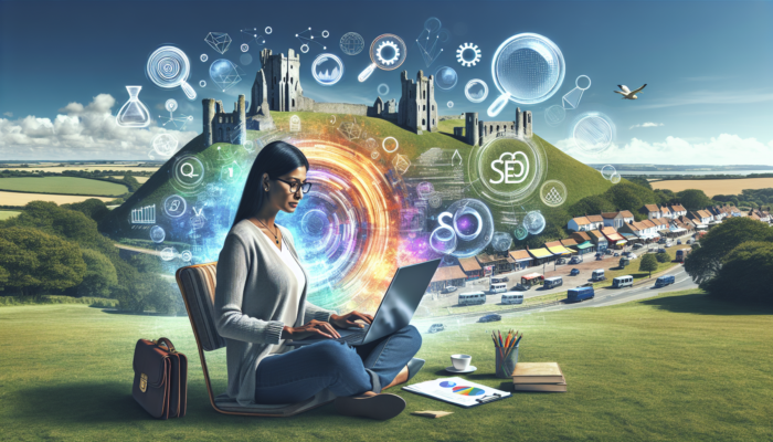 SEO in Corfe Castle for Small Business: Small business owner in Corfe Castle analyzes keywords on laptop with SEO icons, amid ancient ruins and sunny sky.