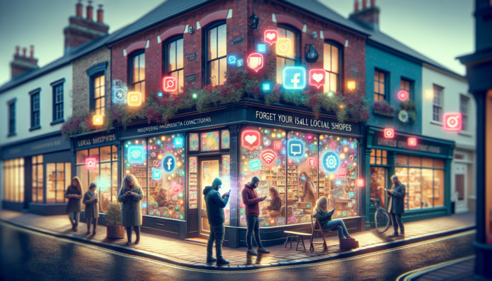 Online Marketing in Swindon for Small Business: Vibrant Swindon street scene: local shops with glowing social media icons, people engaging via smartphones to build community connections.