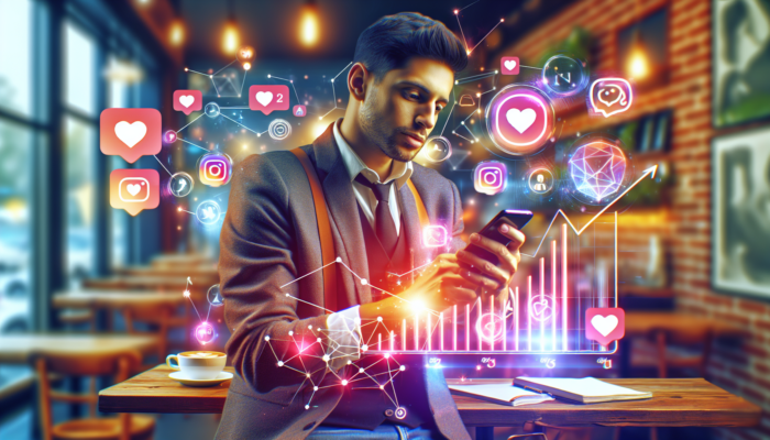 Young entrepreneur in a bustling coffee shop managing Instagram on a smartphone, with floating icons of likes, hearts, and analytics graphs.