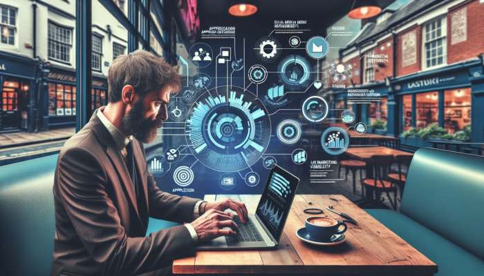 A focused business owner in a Gloucester cafe reviews colorful Instagram graphs on a laptop, showing likes, shares, and reach metrics.