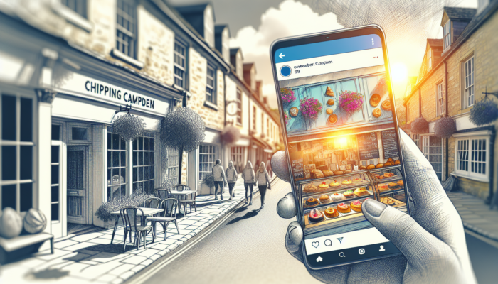 Instagram Marketing for Chipping Campden Small Businesses: In Chipping Campden, a cozy café displays artisanal pastries on a glowing smartphone with vibrant Instagram posts, drawing smiling locals and tourists in sunlit streets.