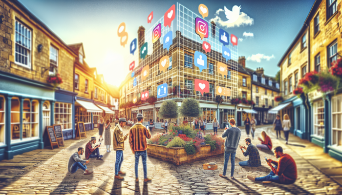 Vibrant scene in historic Chipping Campden: business owners engaging locals via Instagram Stories and polls in a sunny market square.