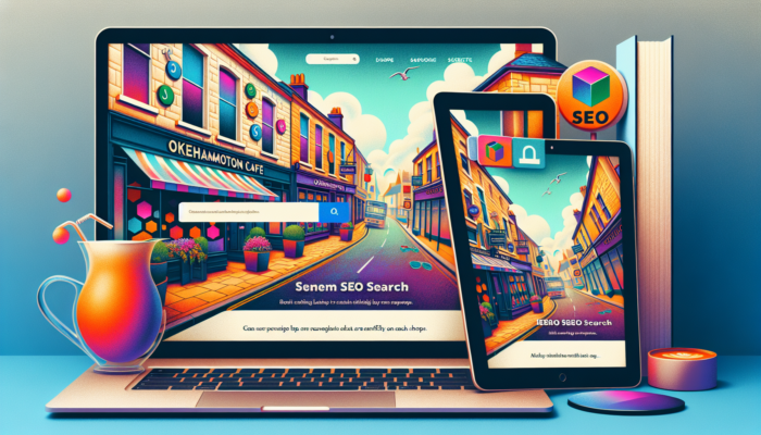 Web Development in Okehampton for Small Business: Vibrant illustration of a modern Okehampton cafe website on laptop, tablet, and phone, with SEO icons, secure locks, and responsive design against town streets.