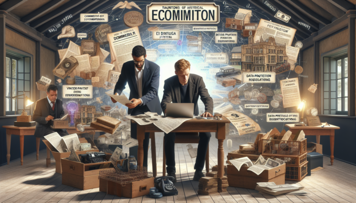 Woocommerce Store Setup in Taunton for Small Business: Entrepreneur in Taunton sets up WooCommerce store on cluttered desk with UK payment screens, documents, mentor, and Vintage Emporium sign.