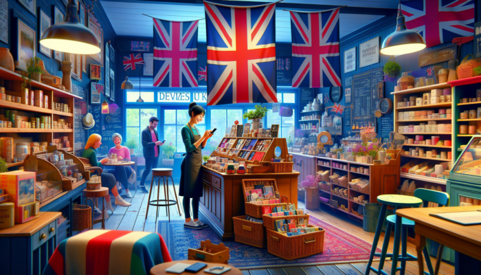 Instagram Marketing in Devizes for Small Business: A smiling small business owner in a cozy Devizes shop posts colorful product photos on Instagram, surrounded by artisan displays and browsing customers.