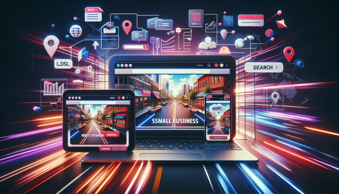 Website Redesign in Taunton for Small Businesses: Illustration of a Taunton website redesign showing responsive layouts on devices, with SEO icons, maps, and bustling streets symbolizing increased engagement.