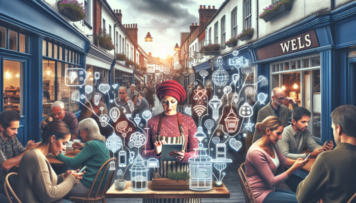 Digital Marketing in Wells for Small Business: Bustling street in Wells: café owner posts daily specials on Instagram via tablet; customers engage with targeted ads on phones.
