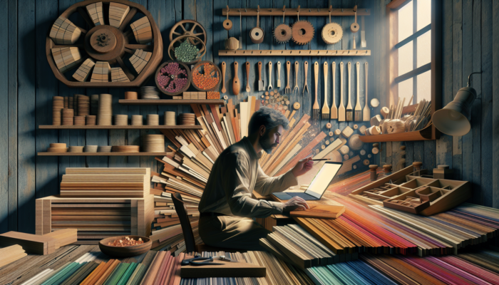 Carpenter in Wells workshop typing blog on wood selection, surrounded by tools, samples, and laptop, symbolizing content marketing.