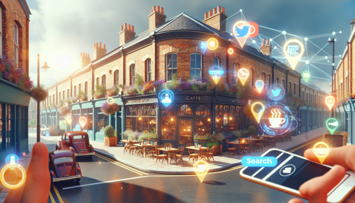 SEO in Lydney, Gloucestershire for Small Business: A bustling Lydney street with a charming café sign 'Best Coffee in Lydney' and floating keywords linked to smartphone search icons.