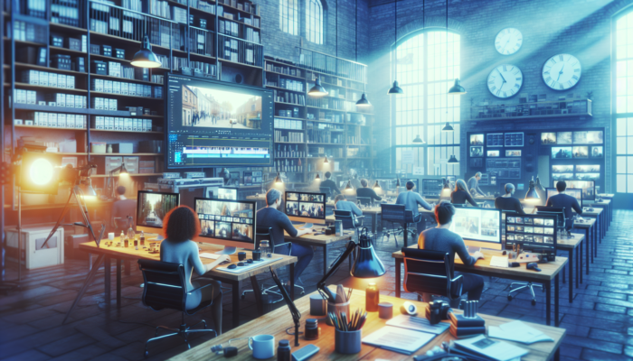 Video Content Production in Barnstaple for Small Business: Bustling video studio in Barnstaple: scriptwriters at desks, editors refining footage, business owners reviewing clips for community growth.