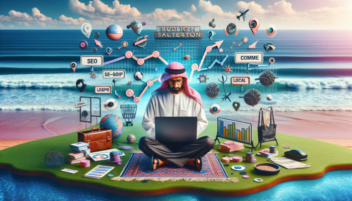 E-commerce SEO in Budleigh Salterton for Small Business: In Budleigh Salterton, a shop owner works at a laptop with floating SEO keywords, local maps, rising graphs, and ocean waves symbolizing success.