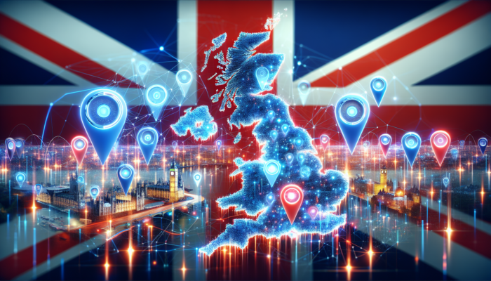 SEO in Wimborne Minster for Small Business: Dynamic illustration of UK Local SEO: Map of Britain with glowing search icons, pins on landmarks, data streams, and Union Jack background.
