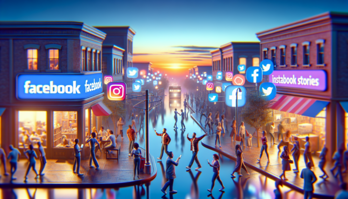 Social Media for Small Businesses in Minchinhampton: Vibrant scene of UK businesses on social media: sharing events on Facebook, products in Instagram stories, and updates on Twitter.