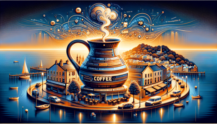 Digital Marketing in Poole for Small Business: A vibrant Poole street scene with a cozy café sign "best coffee in Poole," overlaid with glowing SEO keywords and Google My Business elements for local visibility.