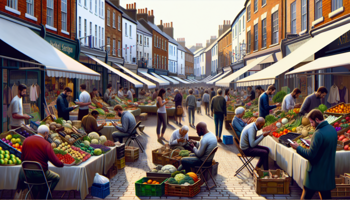 E-commerce Development in Melksham for Small Business: Vibrant high street in Melksham, UK, with colorful market stalls, vendors displaying fresh goods, and people chatting while browsing smartphones.