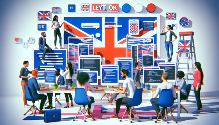 WordPress Website Design Agency in South Petherton: Bustling London web design office with diverse British developers collaborating on e-commerce and informational sites, featuring Union Jack motifs for accessibility.
