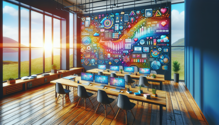 Web Development in Dartmouth for Small Business: Developers in a vibrant Dartmouth, UK, workspace designing user-friendly websites with responsive layouts, SEO graphs, and local search results.