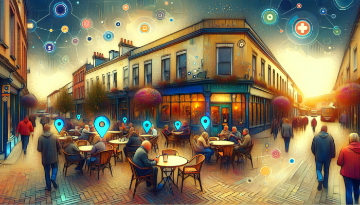 Small Business SEO in Exeter: Vibrant Exeter street scene with a cozy café sign "Best Coffee in Exeter", surrounded by search icons, rising traffic graphs, and locals on smartphones.