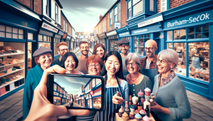 Instagram Marketing in Burnham-on-Sea for Small Business: In Burnham-on-Sea, UK, a business owner posts vibrant photos of local products on Instagram via smartphone, surrounded by smiling community members.