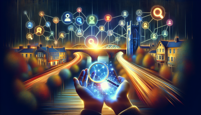 SEO in Chipping Campden, Gloucestershire for Small Business: Illustration of keywords as glowing bridges connecting search queries to quaint UK businesses in Chipping Campden, with consumers searching on devices.