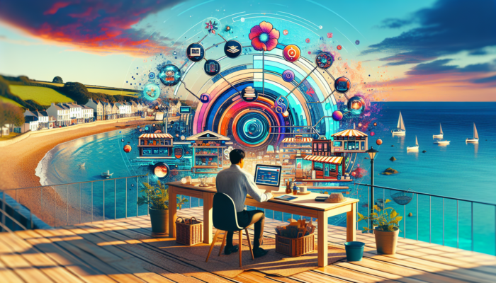 Small Business E-commerce Marketing in Budleigh Salterton: Business owner in Budleigh Salterton shop using Shopify and WooCommerce dashboards with local payments and rising sales graphs.